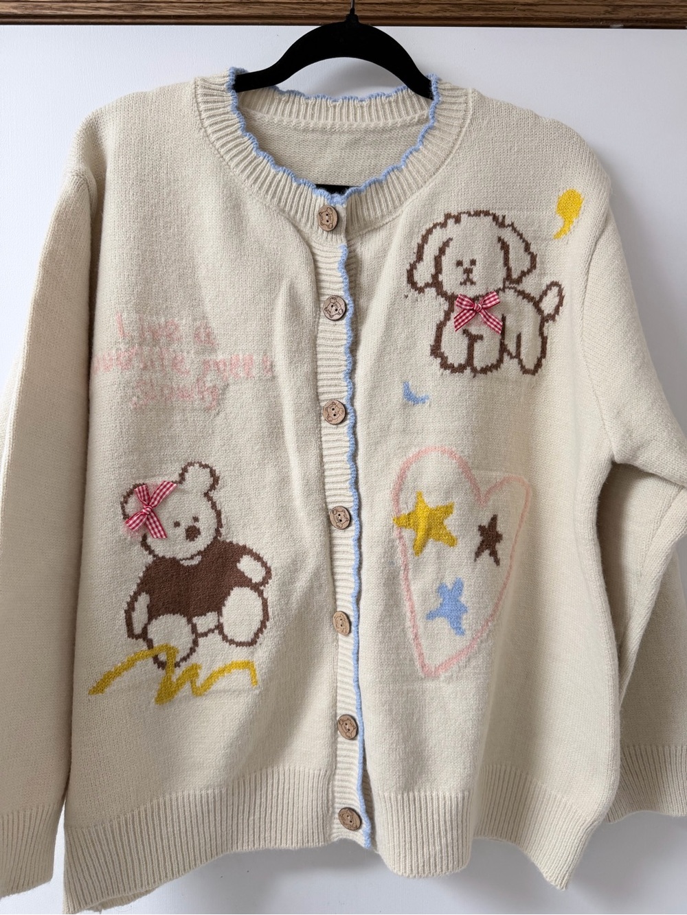 Boutique Sweater Cream Knit Women's Cardigan Vest with Cute Teddy & Puppy Motifs